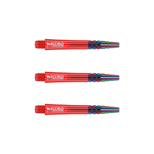 Das Bild zeigt drei rote RedDragon Nitrotech Ionic Shafts, die parallel zueinander liegen. Die Dartschäfte haben ein glänzendes Design mit silbernem Schriftzug und farbigen Akzenten am Ende.