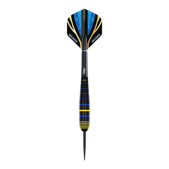 Fléchettes Red Dragon Luke Humphries, champion du monde en laiton et acier Das Bild zeigt einen Red Dragon Luke Humphries World Champion Brass Steeldart. Der Dart hat blaue, gelbe und schwarze Farbakzente und eine spitze Metallspitze.