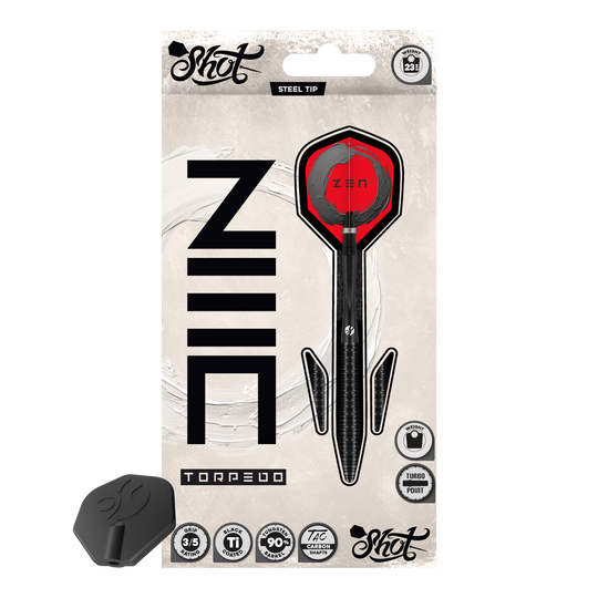 Fléchettes en acier Shot ZEN Torpedo Turbo Point - 23 g Die Shot ZEN Torpedo Turbo Point Steeldarts mit 23g werden aus einer anderen Perspektive gezeigt. Die Oberfläche und die Details der Darts sind gut zu erkennen.