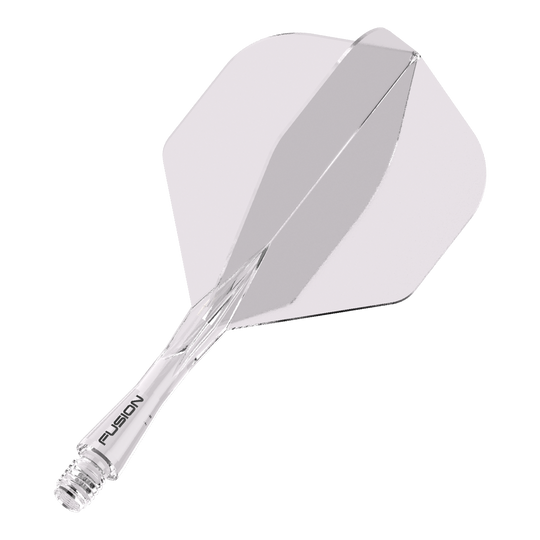 Système d'arbre de vol Winmau Fusion Standard Clear Das Bild zeigt ein durchsichtiges Dartflight- und Shafts-System. Auf dem Schaft steht das Wort "FUSION".
