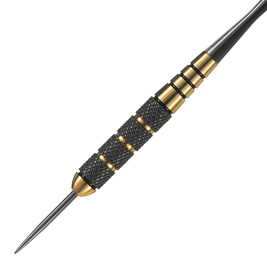 HA005116_Harrows_Voodoo_Brass_Steeldarts_2 Das Bild zeigt einen Harrows Voodoo Brass Steeldart. Der Dartpfeil hat eine schwarze und goldene Griffstruktur mit einer scharfen Spitze aus Metall.