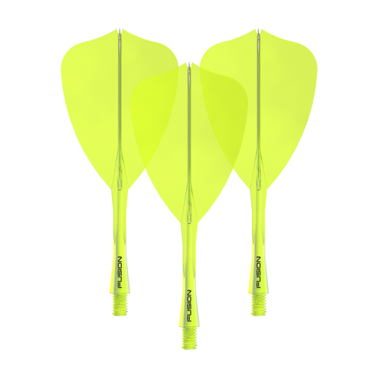Dieses Bild zeigt das Winmau Fusion Flight Shaft System Arrow Set in Neongelb mit einer Länge von 28 mm. Zu sehen ist vermutlich ein komplettes Dartset.
