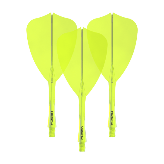 Système de vol Winmau Fusion Arrow Jaune fluo Dieses Bild zeigt das Winmau Fusion Flight Shaft System Arrow Set in Neongelb mit einer Länge von 28 mm. Zu sehen ist vermutlich ein komplettes Dartset.