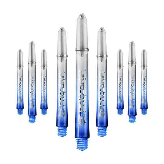 Tiges Target Pro Grip Vision - 3 jeux - Bleues Das Bild zeigt neun transparente Dartschäfte mit blauem unteren Ende. Auf den Schäften steht "Pro Grip" geschrieben.