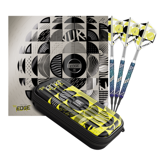 Auf dem Bild befindet sich das Set der Target Luke Littler Edge Softdarts - 19g. Die Darts sind komplett und gut sichtbar angeordnet.