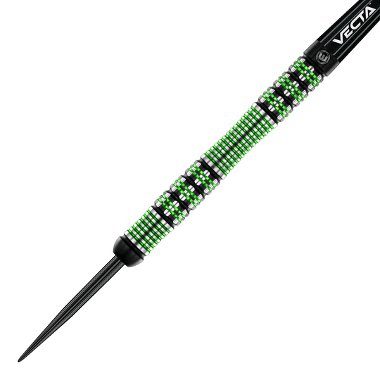 Fléchettes en acier Winmau Brendan Dolan Das Bild zeigt einen Winmau Brendan Dolan Steeldart. Der Dartpfeil hat ein auffälliges Design mit grünen und silbernen Ringen am Barrel.