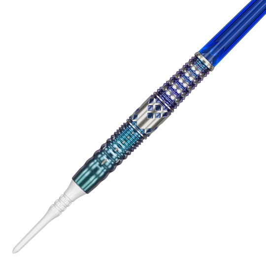 Fléchettes souples Target Japan Cathy Leung Charis GEN5 - 19 g Dies ist ein Softdart namens "Target Japan Cathy Leung Charis GEN5 Softdarts - 19g". Er hat ein auffälliges Design mit blauen und silbernen Akzenten sowie strukturierter Oberfläche.