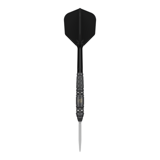 Fléchettes en acier Target Japan Black Marque Dragon GEN2 Swiss Point Das Bild zeigt einen Target Japan Black Marque Dragon GEN2 Swiss Point Steeldart. Der Dartpfeil hat ein elegantes, schwarzes Design mit einer strukturierten Griffzone und einer scharfen Spitze.