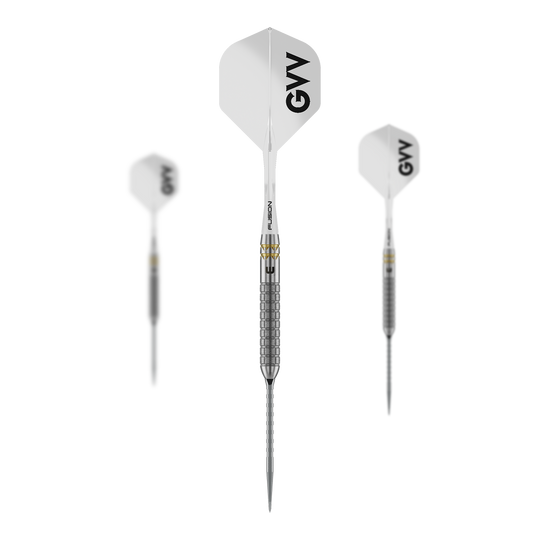 Fléchettes en acier Winmau Gian Van Veen W-MAX Switch Point Auf dem Bild ist ein Set der Winmau Gian Van Veen W-MAX Switch Point Steeldarts zu sehen. Alle drei Darts und das Zubehör sind abgebildet.