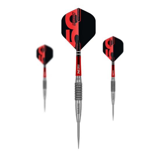 Red Dragon 50 Year Collection Element 6 C Steeldarts mit 25g Gewicht. Das Bild zeigt das limitierte Edition Set der Steeldarts.