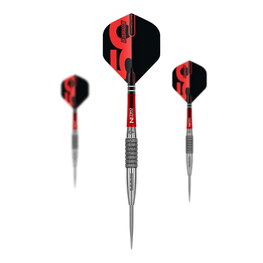 Fléchettes en acier Element 6 C de la collection Red Dragon 50 ans - 25 g Red Dragon 50 Year Collection Element 6 C Steeldarts mit 25g Gewicht. Das Bild zeigt das limitierte Edition Set der Steeldarts.