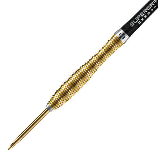 Fléchettes en acier V-Wing édition anniversaire Harrows Dies ist ein goldfarbener Steeldart mit gerilltem Griff. Am hinteren Ende steht "SUPERGRIP CARBON" auf dem Schaft.