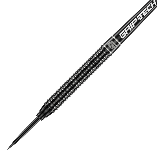 Fléchettes GOAT Sprocket en acier tungstène Das Bild zeigt einen GOAT Sprocket Tungsten Steeldart mit einem schwarzen, strukturierten Griff. Auf dem Schaft steht in weißer Schrift das Wort "GRIPTECH".