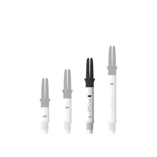 Tige de selle droite silencieuse en carbone style L - Blanc Abgebildet ist der L-Style L-Shaft Carbon Silent Straight in Weiß, Modell 260. Dieses Produkt wird für den Zusammenbau von Dartpfeilen verwendet.