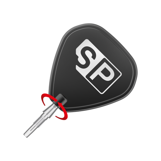 Pointes de fléchettes Target Swiss Storm Onyx Point - Argent Das Bild zeigt eine silberne Dartspitze des Produkts "Target Swiss Storm Onyx Point". Die Dartspitze ist an einem schwarzen Dartflügel mit der Aufschrift "SP" befestigt.