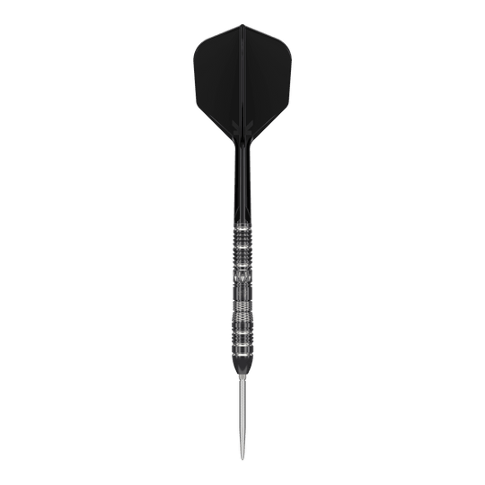Fléchettes en acier Target Black Marque Dragon 3 Swiss Point Das Bild zeigt einen Target Black Marque Dragon 3 Swiss Point Steeldart. Der Dartpfeil hat ein schwarzes Flight und einen silber-schwarzen, metallischen Griffbereich.