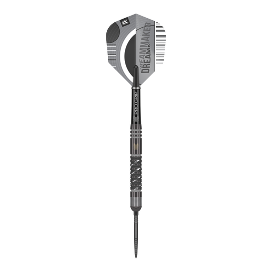 Fléchettes en acier Target Dimitri Van Den Bergh X Echo Swiss Point Das Bild zeigt den Target Dimitri Van Den Bergh X Echo Swiss Point Steeldart. Der Dartpfeil ist größtenteils schwarz und silber und hat die Aufschrift "DREAMMAKER" auf dem Flight.