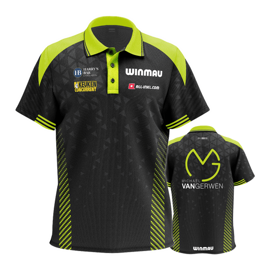 Polo Winmau Michael Van Gerwen Stage Auf dem Bild ist das Winmau Michael Van Gerwen Stage Poloshirt zu sehen. Dieses Poloshirt ist für Dart-Fans gestaltet.