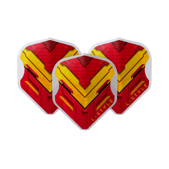 Das Bild zeigt drei Dart-Flights der Marke L-Style in den Farben Rot, Gelb und Weiß. Auf den Flights ist ein auffälliges, geometrisches Muster mit dem Schriftzug "L-STYLE" zu sehen.