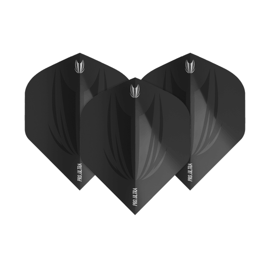 Das Bild zeigt drei schwarze Dart-Flights des Modells "Target ProUltra ID Black No2 Standard". Auf jedem Flight ist ein dezentes Muster sowie der Schriftzug "PRO ULTRA" zu sehen.