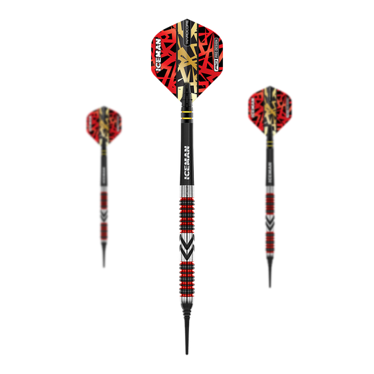 Red Dragon Gerwyn Price Fléchettes souples Firebird - 20 g Das Bild zeigt drei Softdarts des Modells "Red Dragon Gerwyn Price Firebird - 20g". Die Darts haben rote Flights mit schwarzem und goldfarbenem Muster sowie silberne und rote Ringe am Barrel.