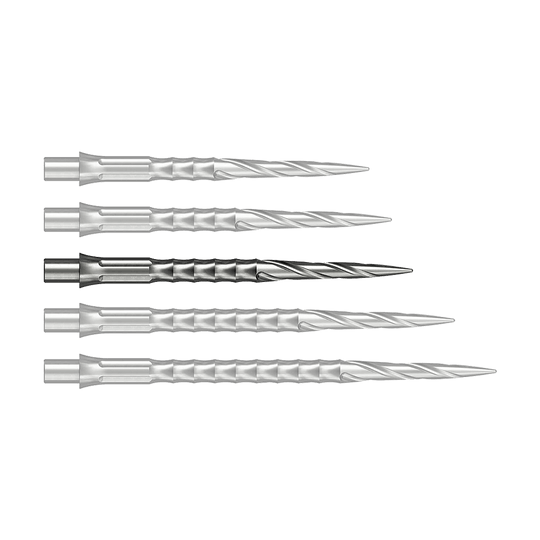 Pointes de fléchettes en acier Caliburn System - Spiro - NoLip - argent Zu sehen ist vermutlich eine Steeldartspitze in Silber, 32 mm lang. Das Produkt ist eine Spiro NoLip Spitze vom Caliburn Evo System.