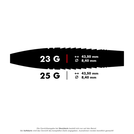 190222_Target_Scott_Williams_GEN1_Swiss_Point_Steeldarts_5_23g Das Bild zeigt die Produktinformationen für die Target Scott Williams GEN1 Swiss Point Steeldarts. Die Darts sind in 23 g und 25 g erhältlich und haben eine Länge von 43,50 mm sowie einen Durchmesser von 8,40 mm.