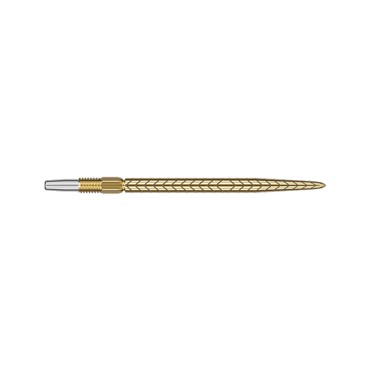 Pointes de fléchettes Target Swiss Point RVE - Or Das Bild zeigt eine goldfarbene Dartspitze mit einem feinen, eingravierten Muster. Die Spitze ist lang und hat ein elegantes, schlankes Design.