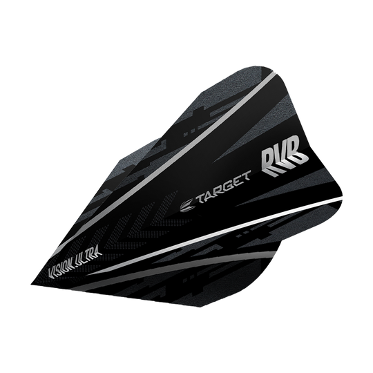 TG58_331780_Target_Ultra_Ghost_RvB_Vapor_Flights_2 Das Bild zeigt ein Target Ultra Ghost RvB Vapor Flight für Darts. Das Flight ist schwarz mit silbernen und grauen Akzenten sowie dem Target- und RvB-Logo.
