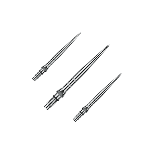 Abgebildet sind Winmau Switch Point Wave Silver Effect Steeldartspitzen mit 26 mm Länge als Set. Die Steeldartspitzen sind im silbernen Wellendesign gestaltet.