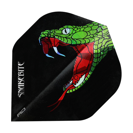 3xg38I3tOT2xav Das Bild zeigt ein Dart-Flight mit einem auffälligen Schlangenkopf-Design auf schwarzem Hintergrund. Links steht der Schriftzug "Snakebite" in weißer Farbe.