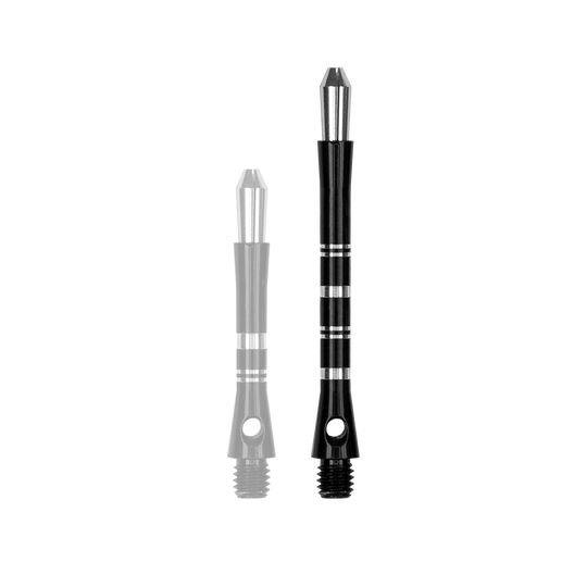 561_Target_Colette_Shafts_Schwarz_47mm_1jGH4hlLAHFKNa Das Bild zeigt zwei schwarze Harrows Colette Shafts in unterschiedlicher Länge. Sie besitzen silberne Akzente und ein Gewinde am unteren Ende.