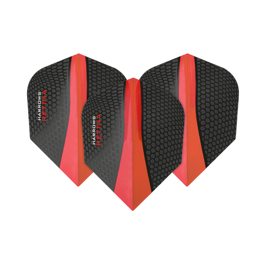 HR64_Harrows_Retina_Rot_No2_Standard_Flights_10I9UuZNXkm2Vc Das Bild zeigt drei Harrows Retina Rot No6 Flights für Darts. Sie sind schwarz mit einem roten Streifen und haben ein Wabenmuster.