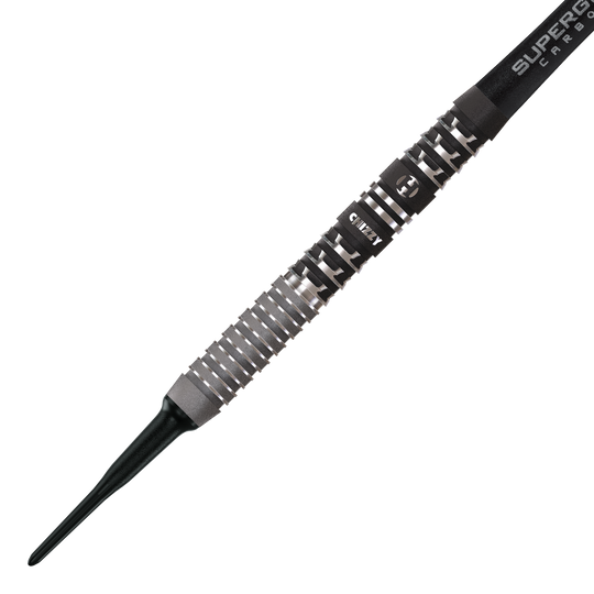 Das Bild zeigt die Harrows Dave Chisnall Chizzy Series 4 Softdarts. Dies sind spezielle Softdarts, entworfen für präzises Werfen.