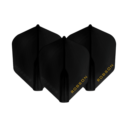 Vols Robson Plus - NO6 Das Bild zeigt drei schwarze Dart-Flights mit der Aufschrift "ROBSON" in gelber Schrift. Sie sind nebeneinander angeordnet und heben sich vor einem weißen Hintergrund ab.