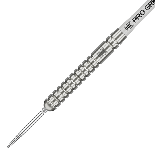 Fléchettes en acier Target Rob Cross Voltage Swiss Point à pointes suisses Das Bild zeigt einen silbernen Steeldart mit gerilltem Griff und spitzer Metallspitze. Auf dem Schaft steht "PRO GRIP" geschrieben.