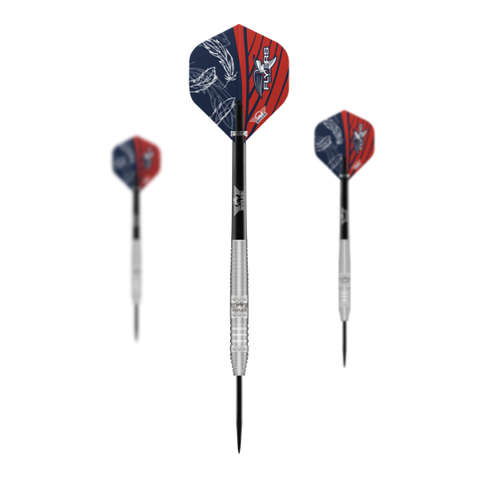 Bulls NL Richard Veenstra 80 fléchettes en acier - 23g Das Bild zeigt drei Steeldarts des Modells "Bulls NL Richard Veenstra 80" mit 23g Gewicht. Die Flights sind rot-blau gestaltet und auf dem mittleren Dart ist das Logo gut zu erkennen.