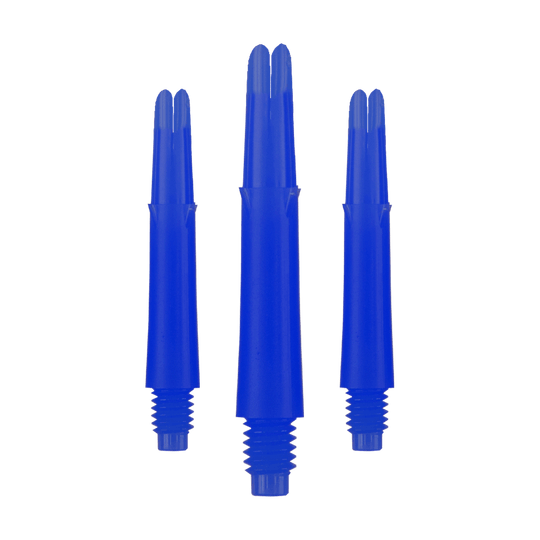 Arbres en L verrouillés droits - Bleus Auf dem Bild sind drei blaue Dartschäfte in unterschiedlicher Höhe zu sehen. Sie haben ein gerades Design und ein Gewinde am unteren Ende.