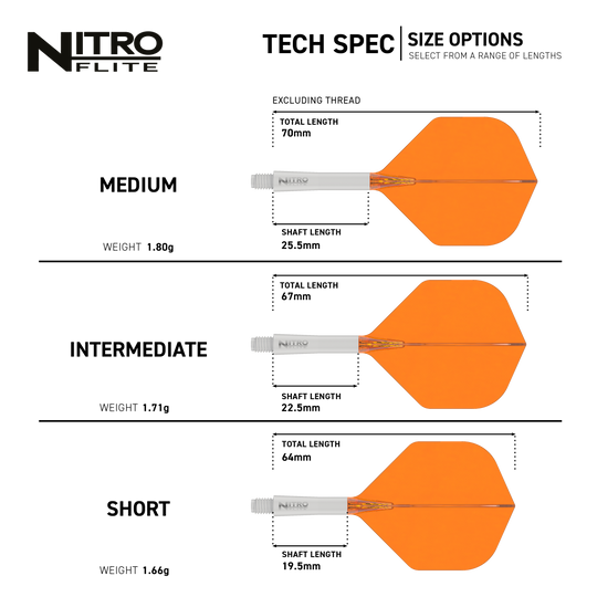 Ailettes Red Dragon Nitroflite à tige blanche et ailettes orange n° 2 Dieses Bild präsentiert den Red Dragon Nitroflite White Shaft Orange Flights No2. Der Dart-Schaft hat eine weiße Farbe, die Flights sind orange.