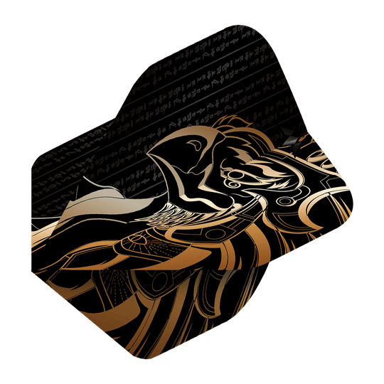 Mission Solo Horus No2 Vols Standard Das Bild zeigt das Produkt "Mission Solo Horus No2 Standard Flights". Das Design ist schwarz-gold mit einem stilisierten Horus-Motiv und ägyptischen Schriftzeichen.