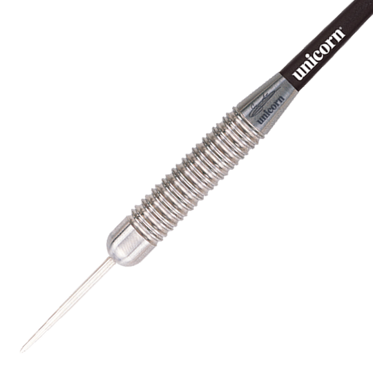 27520_Unicorn_Bullet_Gary_Anderson_Steeldarts_2 Auf dem Bild ist ein Unicorn Bullet Gary Anderson Steeldart mit einem Gewicht von 22 Gramm zu sehen. Der Dartpfeil hat ein silbernes, geriffeltes Griffstück und einen schwarzen Schaft mit dem Schriftzug "unicorn".