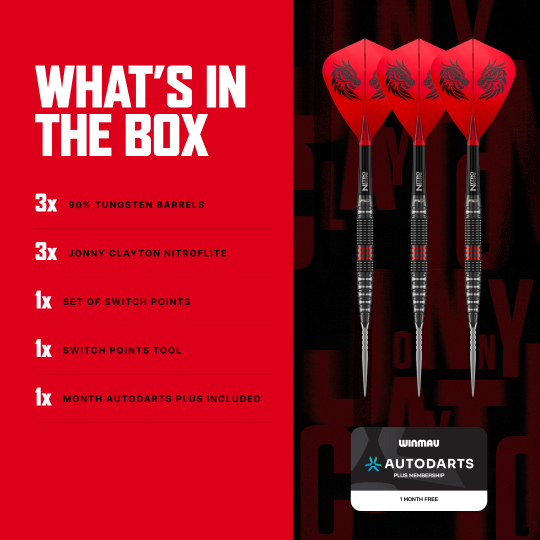 Fléchettes en acier Red Dragon Jonny Clayton RD-PRO Switch Point Die Aufnahme zeigt Red Dragon Jonny Clayton RD-PRO Switch Point Steeldarts aus einer anderen Perspektive. Die feine Struktur und Form der Darts ist erkennbar.