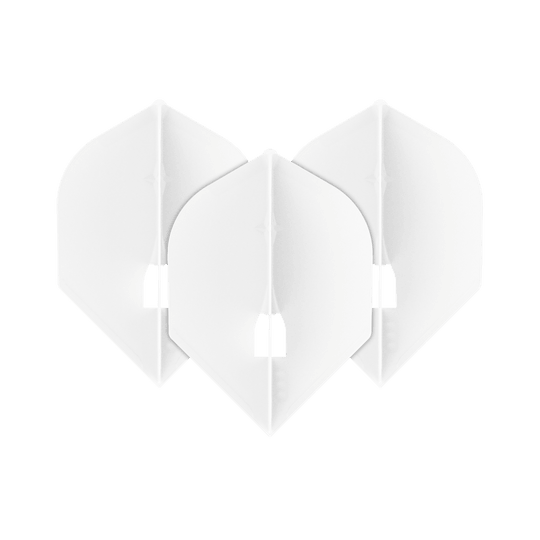 Das Bild zeigt drei weiße L-Style L5PRO Rocket Flights für Dartpfeile. Sie sind in einer überlappenden Formation angeordnet und haben eine moderne, kantige Form.