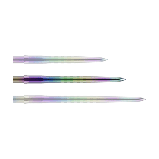 Embouts de fléchettes Mission Caliburn EVO - Rainurés - Corail Auf dem Bild sind drei bunte, metallische Dartspitzen nebeneinander zu sehen. Sie haben eine leichte Riffelung und schimmern in verschiedenen Farben.