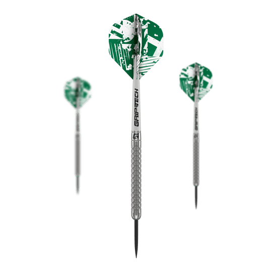 Fléchettes GOAT Fairway V1 en acier tungstène Hier wird das Set GOAT Fairway V1 Tungsten Steeldarts gezeigt. Die Komponenten liegen geordnet beieinander.