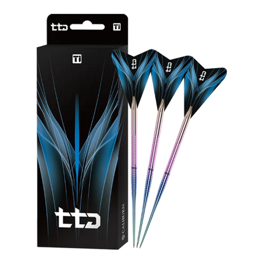 Caliburn TTD Complete Titanium T1 Rainbow Steeldarts - 5 g Das Bild zeigt den Caliburn TTD Complete Titanium T1 Rainbow Steeldarts - 5g. Der Steeldart besteht aus Titan und wirkt hochwertig.