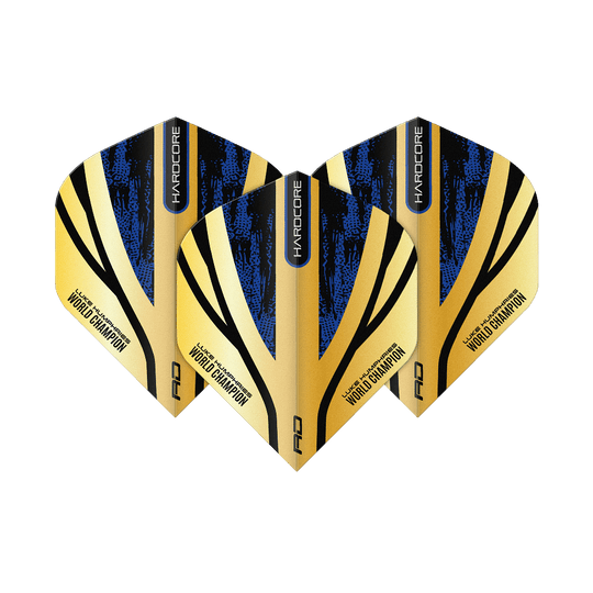 Vols Red Dragon Hardcore Premium Luke Humphries Gold Standard Das Bild zeigt drei Dart-Flights mit einem gold-schwarzen und blauen Design. Auf den Flights steht "Luke Humphries World Champion" sowie "Hardcore".