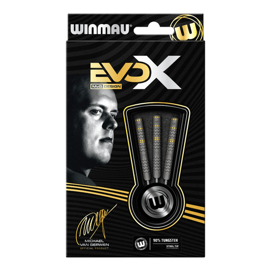 Fléchettes en acier Winmau Michael Van Gerwen Evo-X Die Verpackung zeigt die "Winmau Michael Van Gerwen Evo-X Steeldarts" mit stilvollem Design und prominenter Abbildung von Michael Van Gerwen. In der Packung sind drei Steeldarts mit 90% Tungsten-Anteil sichtbar.