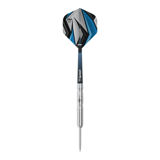 Fléchettes en acier Bulls Stone S3 Das Bild zeigt einen Bulls Stone S3 Steeldart. Der Dart hat ein silbernes Barrel und ein Flight mit blau-schwarzem Muster.