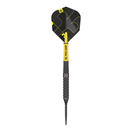 Fléchettes en acier Target Bolide Void 02 Swiss Point Das Bild zeigt einen Target Bolide Void 02 Swiss Point Steeldart. Der Dartpfeil ist schwarz mit gelben Akzenten und hat eine strukturierte Griffoberfläche.